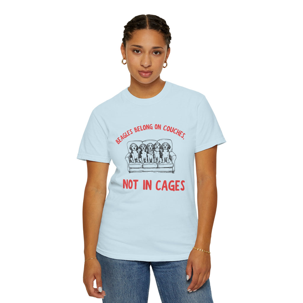 Beagles Belong on Couches T-Shirt — Not in Cages Rescue Tee