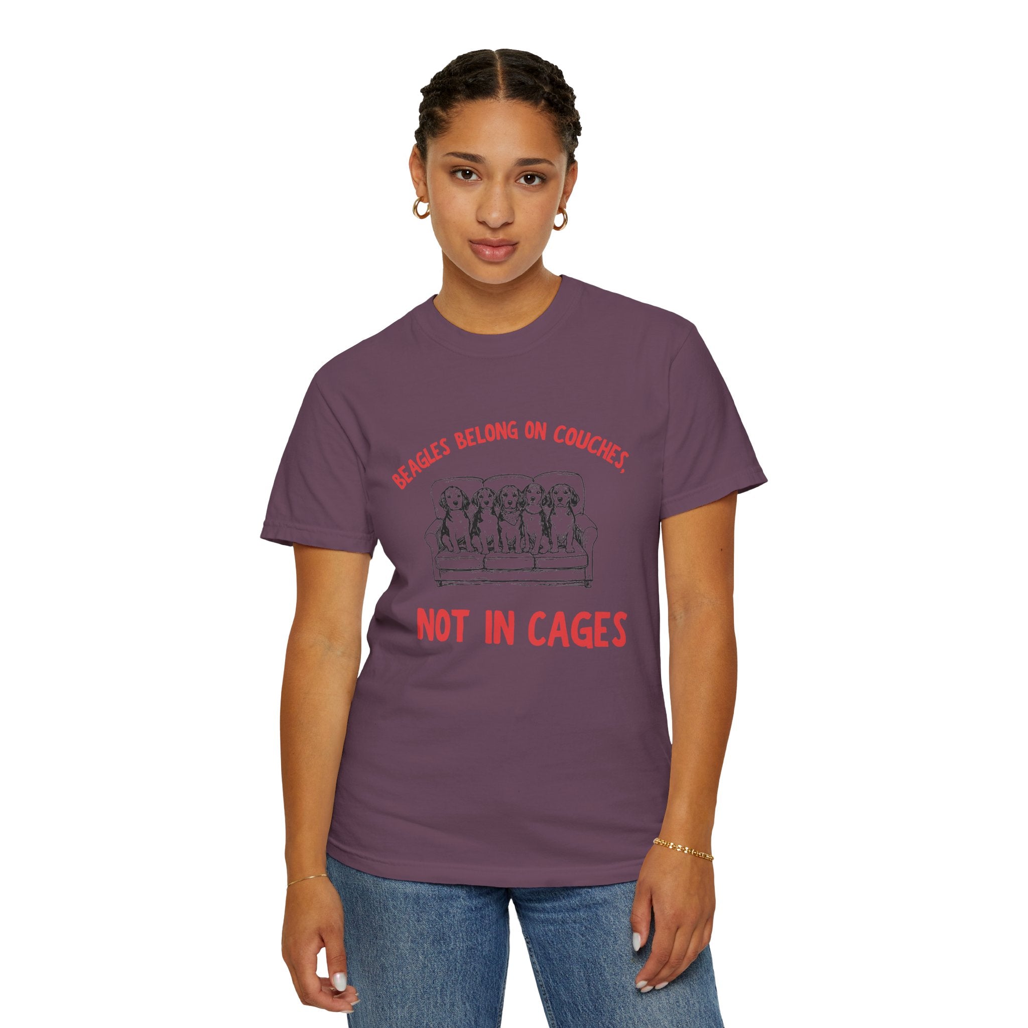 Beagles Belong on Couches T-Shirt — Not in Cages Rescue Tee